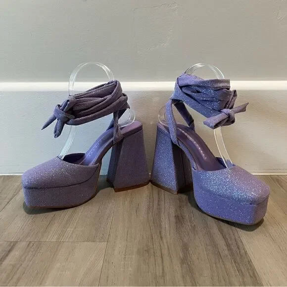 Daisy Street for Dolls Kill purple glitter platform tie up heels sz5 - Picture 9 of 9